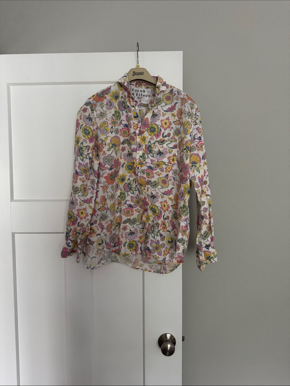 Frank & Eileen White Floral Button-Up with Pink, Yellow & Green Accents